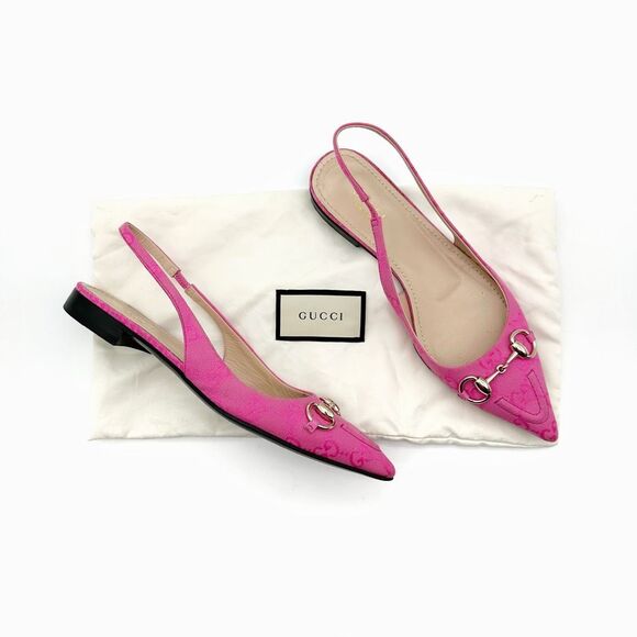 GUCCI Erin Horsebit Pointed Toe Slingback Flat Size 37 Pink GG Guccissima - Picture 2 of 13